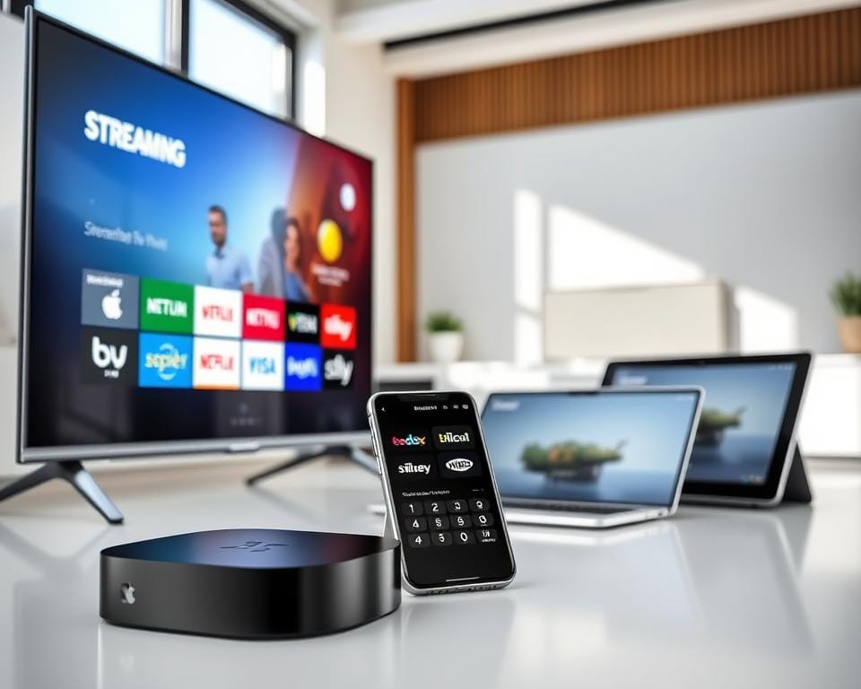 A brightly lit, high-resolution image showcasing an array of contemporary media devices compatible with streaming services. In the foreground, a sleek smart TV, streaming box, and smartphone display various streaming app logos. In the middle ground, a laptop and tablet demonstrate casting and mirroring capabilities. The background features a clean, minimalist interior design with ample natural lighting, emphasizing the seamless integration of these devices into a modern living space. The overall composition conveys a sense of technological harmony and the ease of accessing a wide range of streaming content across multiple platforms. A brightly lit, high-resolution image showcasing an array of contemporary media devices compatible with streaming services. In the foreground, a sleek smart TV, streaming box, and smartphone display various streaming app logos. In the middle ground, a laptop and tablet demonstrate casting and mirroring capabilities. The background features a clean, minimalist interior design with ample natural lighting, emphasizing the seamless integration of these devices into a modern living space. The overall composition conveys a sense of technological harmony and the ease of accessing a wide range of streaming content across multiple platforms.