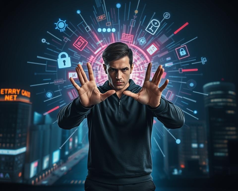 A cinematic, high-resolution image depicting a person shielding themselves from various digital security risks. In the foreground, the subject stands with a determined expression, their hands raised protectively. Behind them, a swirling vortex of digital elements - data streams, encryption symbols, and security icons - representing the threats they are guarding against. The background is a dimly lit, futuristic cityscape, hinting at the broader context of online vulnerabilities. The lighting is dramatic, with a mixture of cool and warm tones to create a sense of tension and urgency. The overall composition conveys a strong message of digital self-defense and the importance of proactive cybersecurity measures. A cinematic, high-resolution image depicting a person shielding themselves from various digital security risks. In the foreground, the subject stands with a determined expression, their hands raised protectively. Behind them, a swirling vortex of digital elements - data streams, encryption symbols, and security icons - representing the threats they are guarding against. The background is a dimly lit, futuristic cityscape, hinting at the broader context of online vulnerabilities. The lighting is dramatic, with a mixture of cool and warm tones to create a sense of tension and urgency. The overall composition conveys a strong message of digital self-defense and the importance of proactive cybersecurity measures.
