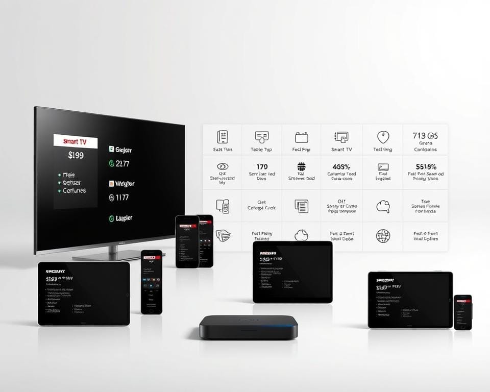 A clean and modern interface showcasing various subscription options for a streaming service. In the foreground, several streaming devices like smart TVs, smartphones, and tablets are arranged in a dynamic layout, each displaying different subscription tiers and pricing. The middle ground features sleek, minimalist icons and graphics representing the service's features and capabilities. The background has a subtle gradient or texture, lending a sense of sophistication. The overall composition conveys a sense of accessibility, flexibility, and the value proposition of the streaming service's subscription plans. A clean and modern interface showcasing various subscription options for a streaming service. In the foreground, several streaming devices like smart TVs, smartphones, and tablets are arranged in a dynamic layout, each displaying different subscription tiers and pricing. The middle ground features sleek, minimalist icons and graphics representing the service's features and capabilities. The background has a subtle gradient or texture, lending a sense of sophistication. The overall composition conveys a sense of accessibility, flexibility, and the value proposition of the streaming service's subscription plans.