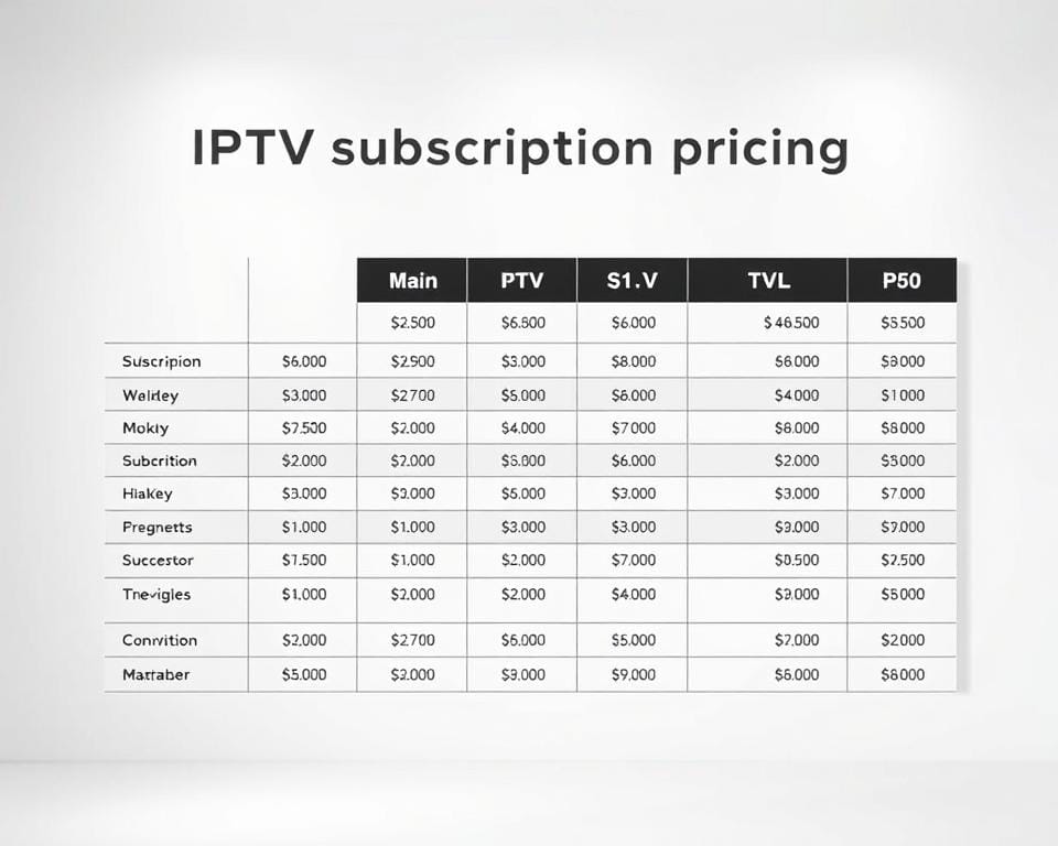 A clean, minimalist table displaying a comprehensive overview of IPTV subscription pricing options. The table is set against a soft, neutral background, with subtle lighting to highlight the details. The column headers stand out clearly, showcasing the different subscription tiers and their corresponding monthly costs. The rows are neatly organized, providing a straightforward and easy-to-digest presentation of the information. The overall aesthetic is professional and visually appealing, ensuring the image effectively complements the article's section on IPTV subscription pricing.