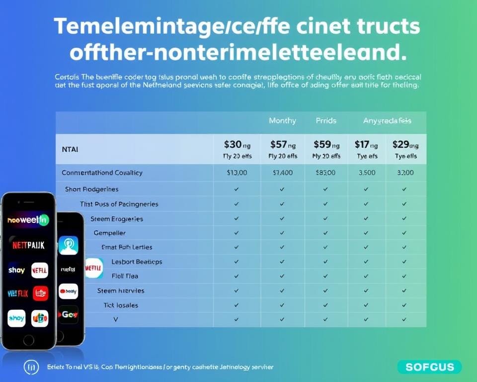 A cleanly designed infographic depicting the pricing and subscription options for popular streaming services in the Netherlands. The foreground shows a row of sleek smartphone devices displaying various service logos. The middle ground features a neatly organized pricing table with clearly labeled columns for plan details, monthly fees, and any special offers. The background has a subtle gradient in shades of blue and green, conveying a sense of modernity and technology. The overall composition is balanced, minimalist, and easy to read, making it an ideal visual accompaniment to the article's section on streaming service pricing for Dutch users. A cleanly designed infographic depicting the pricing and subscription options for popular streaming services in the Netherlands. The foreground shows a row of sleek smartphone devices displaying various service logos. The middle ground features a neatly organized pricing table with clearly labeled columns for plan details, monthly fees, and any special offers. The background has a subtle gradient in shades of blue and green, conveying a sense of modernity and technology. The overall composition is balanced, minimalist, and easy to read, making it an ideal visual accompaniment to the article's section on streaming service pricing for Dutch users.