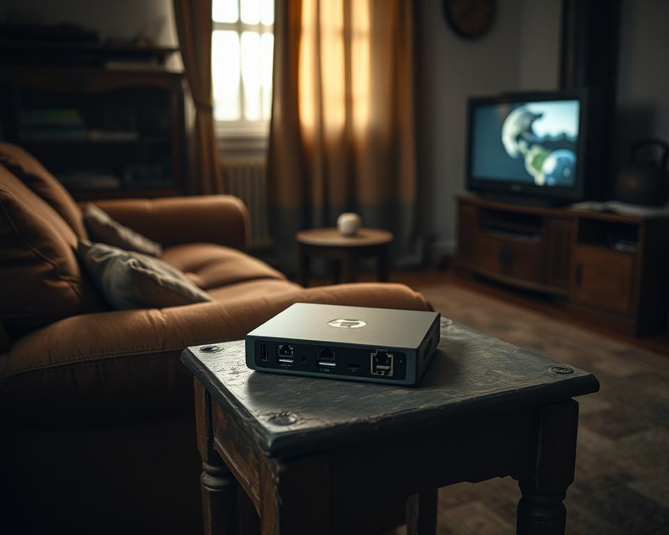 A cluttered living room with a worn-out sofa, a dated TV, and a cheap Android TV box placed haphazardly on a rickety side table. The dim, warm lighting casts shadows across the room, creating a sense of neglect and discomfort. The Android box is the focal point, its cheap plastic casing and outdated ports highlighting the potential pitfalls of opting for a budget-friendly media device. The overall scene conveys a sense of disappointment and the need for a more thoughtful approach to home entertainment solutions. A cluttered living room with a worn-out sofa, a dated TV, and a cheap Android TV box placed haphazardly on a rickety side table. The dim, warm lighting casts shadows across the room, creating a sense of neglect and discomfort. The Android box is the focal point, its cheap plastic casing and outdated ports highlighting the potential pitfalls of opting for a budget-friendly media device. The overall scene conveys a sense of disappointment and the need for a more thoughtful approach to home entertainment solutions.