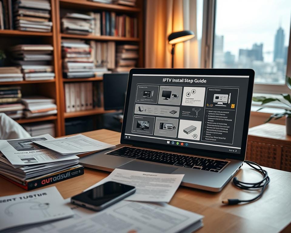 A cozy home office setup with a laptop, smartphone, and various IPTV setup materials in the foreground. In the middle ground, a step-by-step guide to IPTV installation is displayed on the laptop screen, with diagrams and instructions. The background features a bookshelf filled with technical manuals and a window overlooking a cityscape, conveying a sense of focused productivity. Warm, indirect lighting creates a calm, focused atmosphere, and the camera angle is slightly elevated to provide an immersive, instructional perspective. A cozy home office setup with a laptop, smartphone, and various IPTV setup materials in the foreground. In the middle ground, a step-by-step guide to IPTV installation is displayed on the laptop screen, with diagrams and instructions. The background features a bookshelf filled with technical manuals and a window overlooking a cityscape, conveying a sense of focused productivity. Warm, indirect lighting creates a calm, focused atmosphere, and the camera angle is slightly elevated to provide an immersive, instructional perspective.