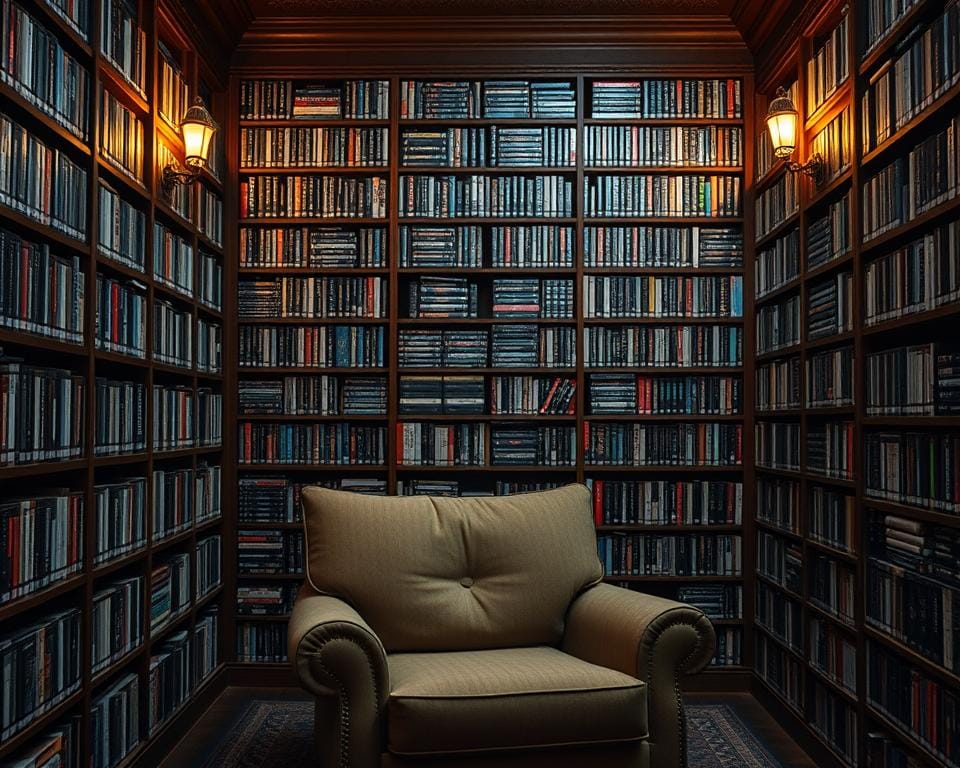 A cozy library interior with floor-to-ceiling shelves filled with video cassettes, DVDs, and Blu-ray discs. Warm lighting from sconce fixtures casts a soft glow, creating an inviting atmosphere. A large, comfortable armchair sits in the foreground, beckoning viewers to curl up and browse the extensive on-demand video collection. The scene conveys a sense of nostalgia for the pre-streaming era, where physical media was the primary way to access a wide variety of films and television shows. The overall composition evokes a feeling of tranquility and the joy of discovering new entertainment options. A cozy library interior with floor-to-ceiling shelves filled with video cassettes, DVDs, and Blu-ray discs. Warm lighting from sconce fixtures casts a soft glow, creating an inviting atmosphere. A large, comfortable armchair sits in the foreground, beckoning viewers to curl up and browse the extensive on-demand video collection. The scene conveys a sense of nostalgia for the pre-streaming era, where physical media was the primary way to access a wide variety of films and television shows. The overall composition evokes a feeling of tranquility and the joy of discovering new entertainment options.