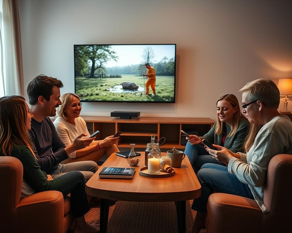 A cozy living room scene with a group of Dutch friends gathered around a coffee table, each holding a mobile device and engrossed in their online streaming experiences. Soft, warm lighting filters through sheer curtains, casting a comforting glow. In the background, a large flat-screen TV dominates the wall, its screen displaying a captivating nature documentary. The friends' expressions range from animated discussion to pensive contemplation, reflecting the diversity of their streaming activities and personal preferences. The overall mood is one of casual camaraderie and shared digital experiences, capturing the essence of "Nederlandse gebruikers ervaringen streaming". A cozy living room scene with a group of Dutch friends gathered around a coffee table, each holding a mobile device and engrossed in their online streaming experiences. Soft, warm lighting filters through sheer curtains, casting a comforting glow. In the background, a large flat-screen TV dominates the wall, its screen displaying a captivating nature documentary. The friends' expressions range from animated discussion to pensive contemplation, reflecting the diversity of their streaming activities and personal preferences. The overall mood is one of casual camaraderie and shared digital experiences, capturing the essence of "Nederlandse gebruikers ervaringen streaming".