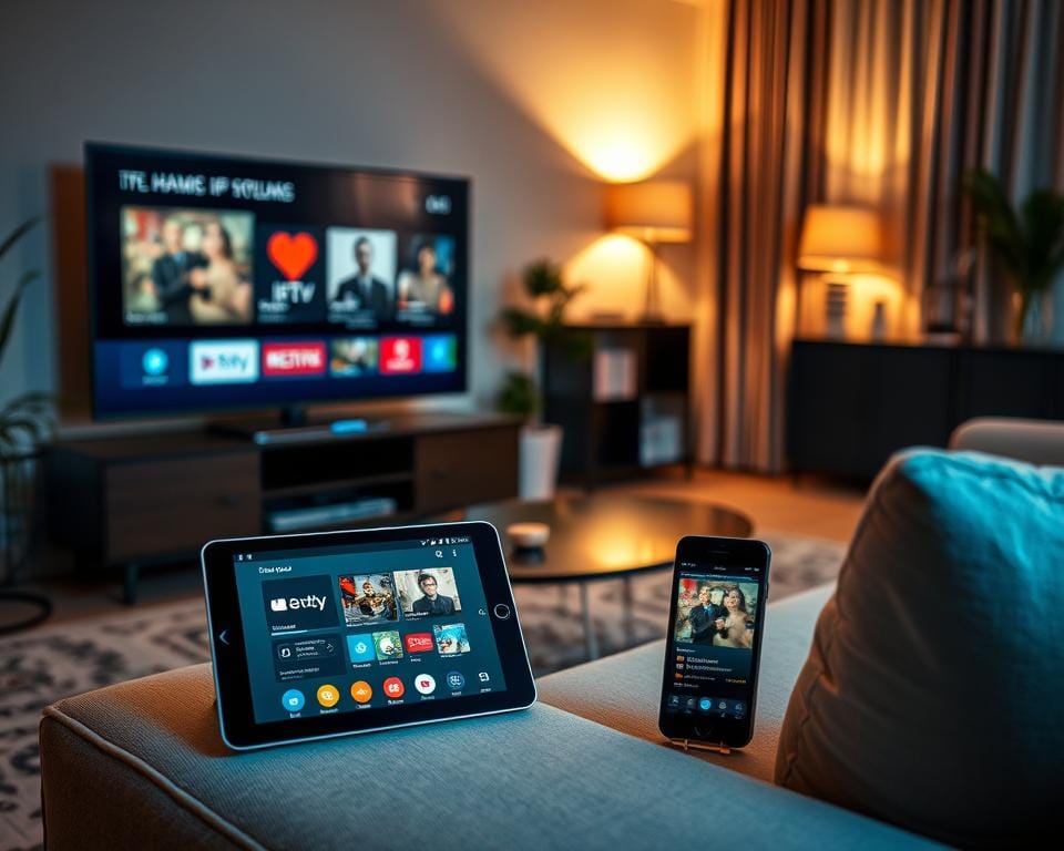 A cozy living room scene with an array of compatible devices for streaming IPTV Totaal, including a smart TV, tablet, and smartphone, each seamlessly connected and displaying content. Soft lighting illuminates the space, creating a warm, inviting atmosphere. The devices are arranged in a harmonious layout, subtly highlighting their compatibility and ease of use. The room's decor complements the technology, creating a cohesive and visually appealing environment for the viewer to envision their own immersive IPTV experience. A cozy living room scene with an array of compatible devices for streaming IPTV Totaal, including a smart TV, tablet, and smartphone, each seamlessly connected and displaying content. Soft lighting illuminates the space, creating a warm, inviting atmosphere. The devices are arranged in a harmonious layout, subtly highlighting their compatibility and ease of use. The room's decor complements the technology, creating a cohesive and visually appealing environment for the viewer to envision their own immersive IPTV experience.