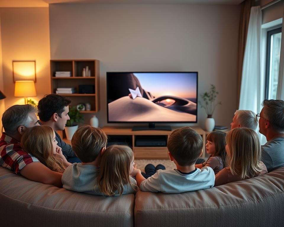 A cozy living room setting with a family gathered around a large flat-screen television, their faces illuminated by the glow of the screen. The room is well-lit, with warm, soft lighting casting a comfortable atmosphere. In the foreground, a group of adults and children are engaged in animated discussion, their expressions ranging from rapt attention to lively conversation. The middle ground features a modern, sleek television cabinet with various media devices neatly arranged. The background showcases a tastefully decorated interior, with subtle hints of Dutch design elements, such as natural wood accents and minimalist decor, creating a distinctly Dutch ambiance.