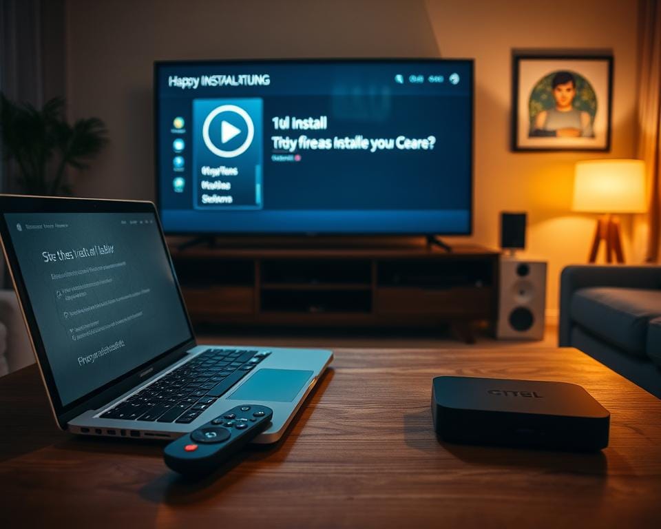 A cozy living room setup with a laptop, remote control, and streaming device on a wooden table, bathed in warm, inviting lighting. In the background, a large TV screen displays a streaming interface, showcasing the installation process. The atmosphere is calm and focused, reflecting the straightforward nature of the installation process. The camera angle emphasizes the ease and accessibility of the setup, inviting the viewer to imagine themselves following the same steps. A cozy living room setup with a laptop, remote control, and streaming device on a wooden table, bathed in warm, inviting lighting. In the background, a large TV screen displays a streaming interface, showcasing the installation process. The atmosphere is calm and focused, reflecting the straightforward nature of the installation process. The camera angle emphasizes the ease and accessibility of the setup, inviting the viewer to imagine themselves following the same steps.