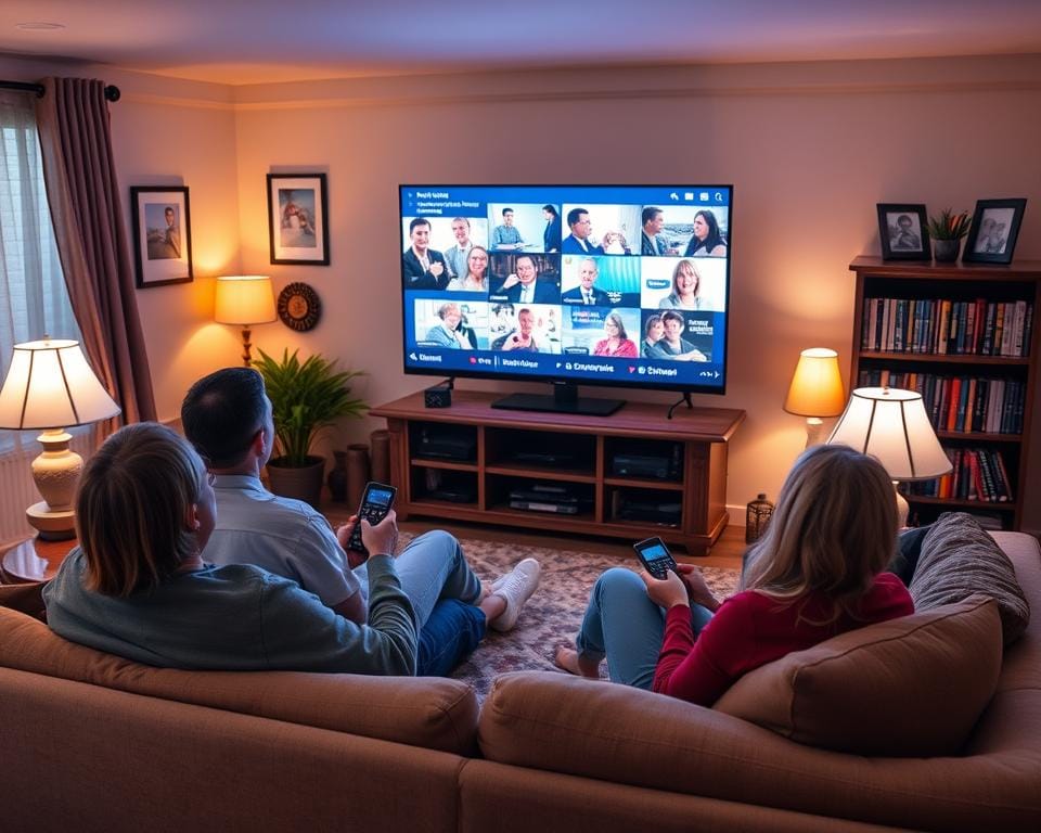 A cozy living room with a large flat-screen TV prominently displayed. Viewers are seated comfortably on a plush sofa, remote controls in hand, immersed in their favorite shows. Soft lighting from table lamps casts a warm glow, and family photos adorn the walls, reflecting a sense of nostalgia. In the background, a bookshelf with a collection of DVDs and Blu-rays hints at a diverse library of media. The overall scene conveys the familiar and relaxing experience of rewinding and revisiting cherished television programs. A cozy living room with a large flat-screen TV prominently displayed. Viewers are seated comfortably on a plush sofa, remote controls in hand, immersed in their favorite shows. Soft lighting from table lamps casts a warm glow, and family photos adorn the walls, reflecting a sense of nostalgia. In the background, a bookshelf with a collection of DVDs and Blu-rays hints at a diverse library of media. The overall scene conveys the familiar and relaxing experience of rewinding and revisiting cherished television programs.