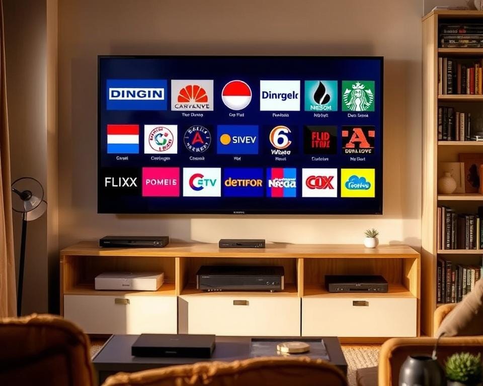 A cozy living room with a large flat-screen television prominently displaying the logos and branding of popular Dutch television channels. The room is bathed in warm, soft lighting, creating a welcoming and comfortable atmosphere. In the foreground, a modern, minimalist entertainment center houses various media devices, while in the background, a bookshelf filled with Dutch-language books and decorative items adds to the homely feel. The overall scene conveys a sense of relaxation and enjoyment of Dutch media content, reflecting the essence of the "Waarom Flix IPTV de Beste Keuze is voor Nederland" section. A cozy living room with a large flat-screen television prominently displaying the logos and branding of popular Dutch television channels. The room is bathed in warm, soft lighting, creating a welcoming and comfortable atmosphere. In the foreground, a modern, minimalist entertainment center houses various media devices, while in the background, a bookshelf filled with Dutch-language books and decorative items adds to the homely feel. The overall scene conveys a sense of relaxation and enjoyment of Dutch media content, reflecting the essence of the "Waarom Flix IPTV de Beste Keuze is voor Nederland" section.
