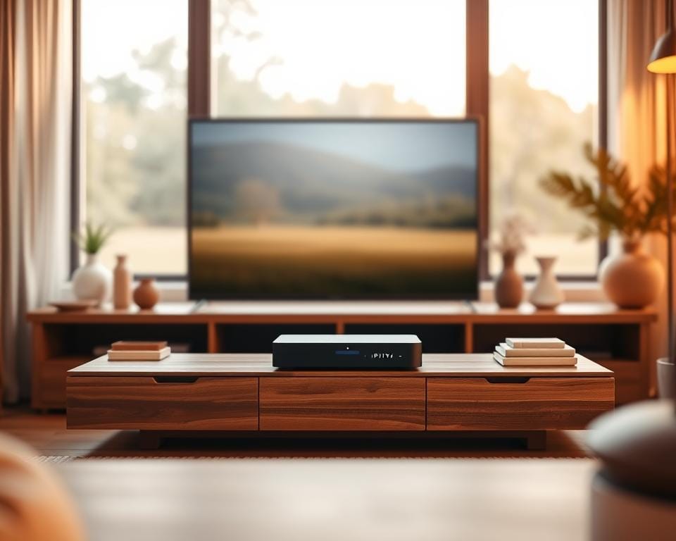 A cozy living room with a sleek, modern IPTV box prominently displayed on a minimalist wooden entertainment unit. Warm, diffused lighting creates a soft, inviting atmosphere. In the background, a large window offers a glimpse of a tranquil outdoor scene, lending a sense of harmony. The IPTV box is the focal point, its clean lines and neutral color palette complementing the overall design aesthetic. Surrounding the box are carefully curated home decor elements, hinting at the seamless integration of technology into the homeowner's lifestyle. The composition is balanced and visually appealing, capturing the essence of an informed, discerning consumer's IPTV box selection. A cozy living room with a sleek, modern IPTV box prominently displayed on a minimalist wooden entertainment unit. Warm, diffused lighting creates a soft, inviting atmosphere. In the background, a large window offers a glimpse of a tranquil outdoor scene, lending a sense of harmony. The IPTV box is the focal point, its clean lines and neutral color palette complementing the overall design aesthetic. Surrounding the box are carefully curated home decor elements, hinting at the seamless integration of technology into the homeowner's lifestyle. The composition is balanced and visually appealing, capturing the essence of an informed, discerning consumer's IPTV box selection.