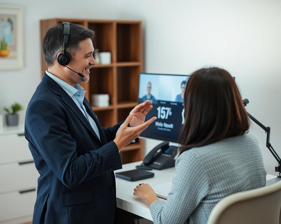 A cozy office setting with a customer service representative assisting a client over a video call. The representative is dressed professionally, with a warm and empathetic expression, guiding the client through a television-related issue. The background features a modern, minimalist desk setup with a computer, phone, and other office supplies. Soft, diffused lighting creates a calming atmosphere, highlighting the personal connection between the two individuals. The overall scene conveys a sense of efficient, personalized support and a commitment to resolving the client's concerns. A cozy office setting with a customer service representative assisting a client over a video call. The representative is dressed professionally, with a warm and empathetic expression, guiding the client through a television-related issue. The background features a modern, minimalist desk setup with a computer, phone, and other office supplies. Soft, diffused lighting creates a calming atmosphere, highlighting the personal connection between the two individuals. The overall scene conveys a sense of efficient, personalized support and a commitment to resolving the client's concerns.