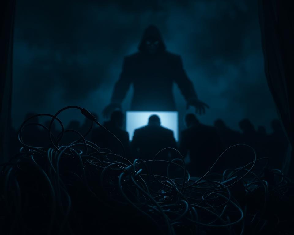 A dark and ominous scene depicting the "Risks of streaming services". In the foreground, a tangle of tangled cables and wires, symbolizing the murky and complex world of illegal IPTV. The middle ground features shadowy figures huddled around a glowing screen, their faces obscured, suggesting the secretive and illicit nature of their activities. In the background, a looming, ominous presence, perhaps a towering authority figure or the specter of legal consequences, casts an uneasy shadow over the scene. The lighting is low and dramatic, creating a sense of unease and danger. The overall mood is one of foreboding and the potential consequences of engaging in unlawful streaming practices. A dark and ominous scene depicting the "Risks of streaming services". In the foreground, a tangle of tangled cables and wires, symbolizing the murky and complex world of illegal IPTV. The middle ground features shadowy figures huddled around a glowing screen, their faces obscured, suggesting the secretive and illicit nature of their activities. In the background, a looming, ominous presence, perhaps a towering authority figure or the specter of legal consequences, casts an uneasy shadow over the scene. The lighting is low and dramatic, creating a sense of unease and danger. The overall mood is one of foreboding and the potential consequences of engaging in unlawful streaming practices.
