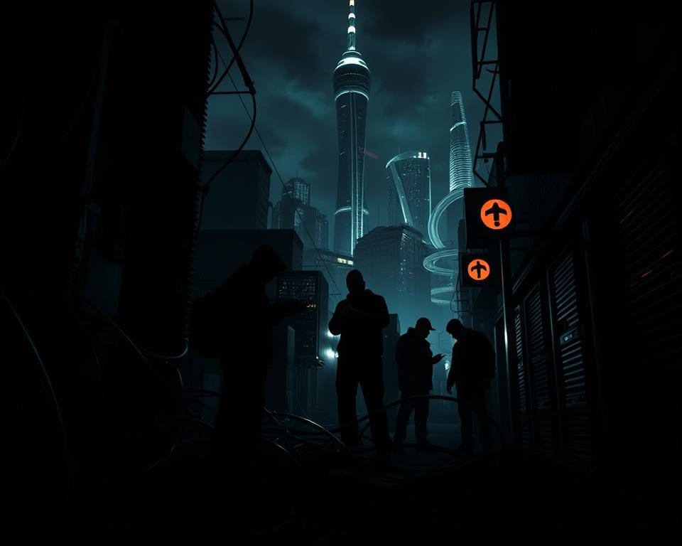 A dark, gritty cityscape with shadowy figures and symbols representing the characteristics of illegal streaming services. In the foreground, a tangle of wires and cables, hinting at the complex web of technology powering these underground operations. In the middle ground, a dimly lit alleyway with suspicious-looking individuals exchanging data drives or accessing hidden servers. The background features a towering, futuristic skyline, evoking the scale and reach of the illegal streaming industry. Dramatic chiaroscuro lighting creates a sense of unease and danger, while the overall composition conveys the illicit and clandestine nature of these activities. A dark, gritty cityscape with shadowy figures and symbols representing the characteristics of illegal streaming services. In the foreground, a tangle of wires and cables, hinting at the complex web of technology powering these underground operations. In the middle ground, a dimly lit alleyway with suspicious-looking individuals exchanging data drives or accessing hidden servers. The background features a towering, futuristic skyline, evoking the scale and reach of the illegal streaming industry. Dramatic chiaroscuro lighting creates a sense of unease and danger, while the overall composition conveys the illicit and clandestine nature of these activities.