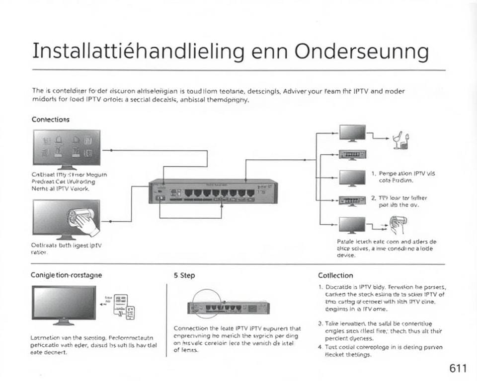 A detailed IPTV installation manual with step-by-step instructions, presented in a clean, well-organized layout. Soft, muted colors create a professional, authoritative tone. A central diagram or schematic illustration the overall IPTV setup, surrounded by supporting images demonstrating key connection points and configuration steps. The background is a subtle, neutral pattern or texture, allowing the informative content to take center stage. The overall composition conveys a sense of clarity and guidance, reflecting the "Installatiehandleiding en Ondersteuning" section heading. A detailed IPTV installation manual with step-by-step instructions, presented in a clean, well-organized layout. Soft, muted colors create a professional, authoritative tone. A central diagram or schematic illustration the overall IPTV setup, surrounded by supporting images demonstrating key connection points and configuration steps. The background is a subtle, neutral pattern or texture, allowing the informative content to take center stage. The overall composition conveys a sense of clarity and guidance, reflecting the "Installatiehandleiding en Ondersteuning" section heading.