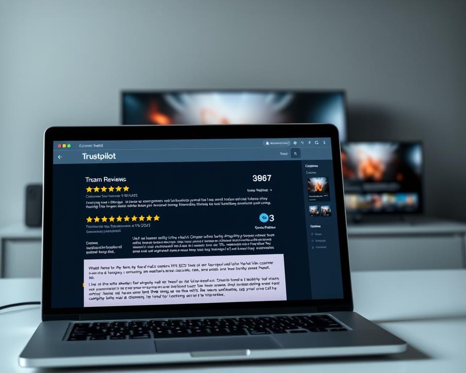 A detailed Trustpilot review page for a streaming service, showcased against a sleek, modern background. In the foreground, a laptop or tablet displays numerous customer reviews, each with a star rating and succinct feedback. The middle ground features various devices like smartphones and smart TVs, symbolizing the diverse platforms for accessing the streaming content. The background has a subtle, muted color palette, allowing the review information to take center stage. The lighting is soft and diffused, creating a professional, trustworthy atmosphere. The camera angle is slightly elevated, giving a comprehensive overview of the review landscape. Overall, the image conveys a sense of credibility, reliability, and consumer confidence in the streaming service. A detailed Trustpilot review page for a streaming service, showcased against a sleek, modern background. In the foreground, a laptop or tablet displays numerous customer reviews, each with a star rating and succinct feedback. The middle ground features various devices like smartphones and smart TVs, symbolizing the diverse platforms for accessing the streaming content. The background has a subtle, muted color palette, allowing the review information to take center stage. The lighting is soft and diffused, creating a professional, trustworthy atmosphere. The camera angle is slightly elevated, giving a comprehensive overview of the review landscape. Overall, the image conveys a sense of credibility, reliability, and consumer confidence in the streaming service.
