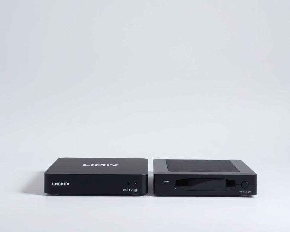 A detailed comparison of a Linux-based IPTV box and an Android IPTV box, showcased in a clean, minimalist setting. The Linux box, with its sleek black chassis, rests on the left, while the Android box, with its distinct design, occupies the right side. In the middle, a subtle gradient background frames the two devices, highlighting their differences. The lighting is soft and even, casting gentle shadows that accentuate the forms. The camera angle is slightly elevated, providing a balanced, symmetrical composition that invites the viewer to examine the technical details of each IPTV receiver. A detailed comparison of a Linux-based IPTV box and an Android IPTV box, showcased in a clean, minimalist setting. The Linux box, with its sleek black chassis, rests on the left, while the Android box, with its distinct design, occupies the right side. In the middle, a subtle gradient background frames the two devices, highlighting their differences. The lighting is soft and even, casting gentle shadows that accentuate the forms. The camera angle is slightly elevated, providing a balanced, symmetrical composition that invites the viewer to examine the technical details of each IPTV receiver.