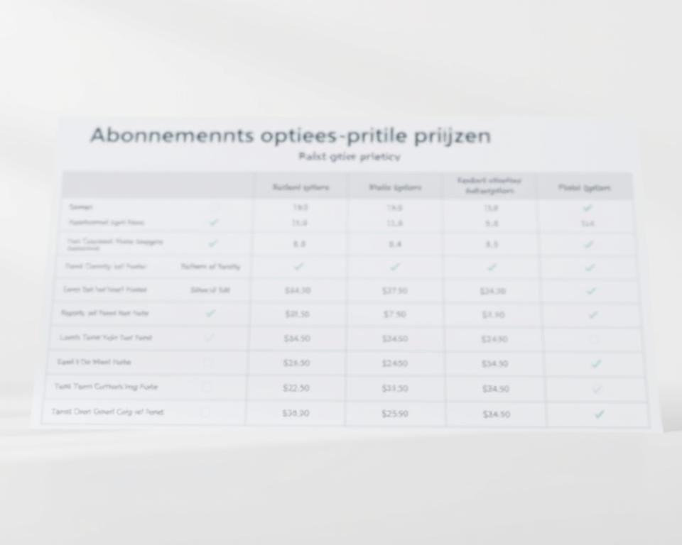 A detailed, high-resolution image of "Abonnementsopties prijzen" depicting a clean, modern pricing table or comparison matrix. The foreground shows various subscription options and their corresponding prices, presented in a clear, organized layout with minimal text. The middle ground features subtle graphical elements or icons to enhance the visual appeal. The background has a simple, minimalist design with soft, natural lighting, creating a professional and trustworthy atmosphere. The overall composition conveys a sense of clarity, accessibility, and attention to detail, reflecting the subject matter and aligning with the article's focus. A detailed, high-resolution image of "Abonnementsopties prijzen" depicting a clean, modern pricing table or comparison matrix. The foreground shows various subscription options and their corresponding prices, presented in a clear, organized layout with minimal text. The middle ground features subtle graphical elements or icons to enhance the visual appeal. The background has a simple, minimalist design with soft, natural lighting, creating a professional and trustworthy atmosphere. The overall composition conveys a sense of clarity, accessibility, and attention to detail, reflecting the subject matter and aligning with the article's focus.