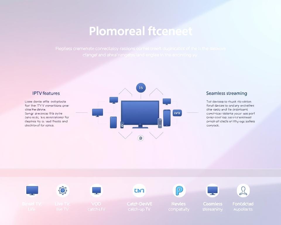 A detailed overview of Duplecast's core features, depicted in a clean, modern illustration. In the foreground, a group of stylized icons representing key IPTV services like live TV, VOD, and catch-up TV. In the middle ground, a simplified diagram showcasing the multi-device compatibility and seamless streaming experience. The background features a subtle, gradient-based color scheme that evokes a sense of technology and innovation. Bright, natural lighting illuminates the scene, conveying a sense of clarity and professionalism. The overall composition is balanced, with ample negative space to allow the key information to shine.