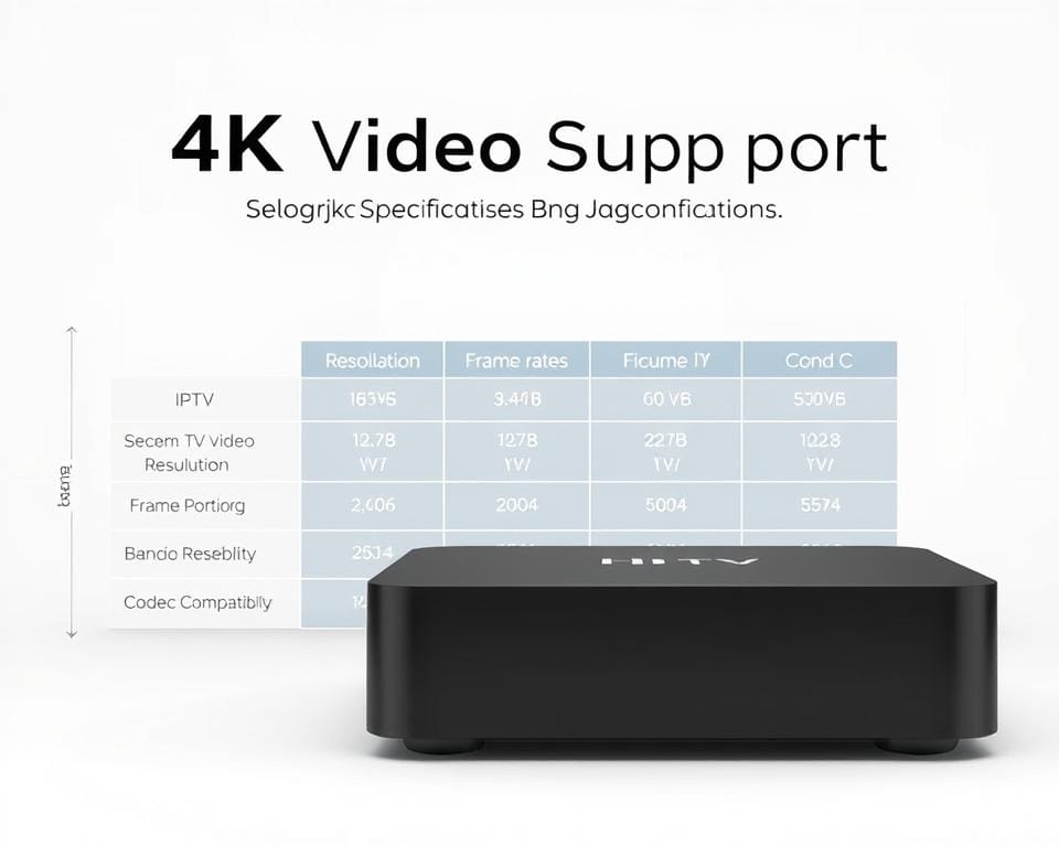 A detailed technical diagram showcasing the 4K video support specifications for an IPTV box. The diagram features a sleek, minimalist design with a clean white background. In the foreground, a simplified 3D model of an IPTV box is prominently displayed, highlighting its key technical capabilities. The middle ground contains a neatly organized table outlining the supported video resolutions, frame rates, and codec compatibility. The background features subtle grid lines and measurements to convey a sense of technical precision. The overall mood is informative and visually appealing, designed to effectively illustrate the important technical details relevant to the "Belangrijke Specificaties bij Keuze van een IPTV Kast" section of the article. A detailed technical diagram showcasing the 4K video support specifications for an IPTV box. The diagram features a sleek, minimalist design with a clean white background. In the foreground, a simplified 3D model of an IPTV box is prominently displayed, highlighting its key technical capabilities. The middle ground contains a neatly organized table outlining the supported video resolutions, frame rates, and codec compatibility. The background features subtle grid lines and measurements to convey a sense of technical precision. The overall mood is informative and visually appealing, designed to effectively illustrate the important technical details relevant to the "Belangrijke Specificaties bij Keuze van een IPTV Kast" section of the article.