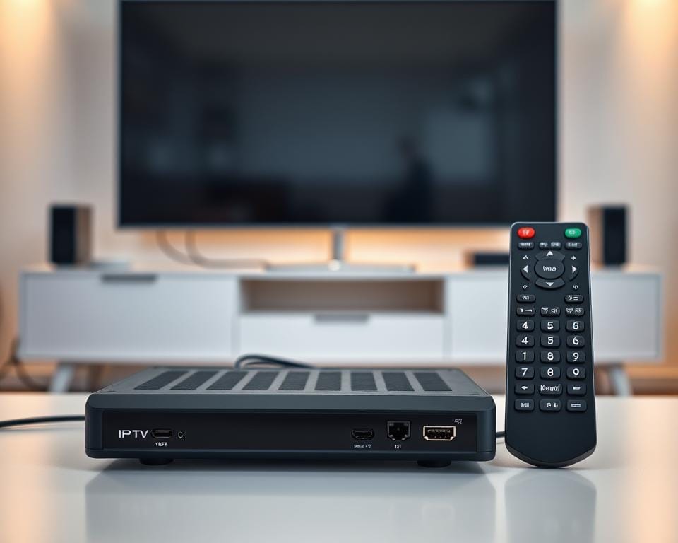 A detailed, well-lit installation of an IPTV receiver. In the foreground, a modern set-top box with sleek lines and multiple ports. Beside it, a remote control with intuitive buttons. In the middle ground, cables neatly routed and connected to a smart TV, showcasing the seamless integration. The background features a minimalist entertainment unit, creating a clean, technology-forward atmosphere. Soft, directional lighting illuminates the scene, highlighting the receiver's features and the overall ease of setup. The overall composition conveys the simplicity and convenience of installing and using an IPTV solution for home entertainment. A detailed, well-lit installation of an IPTV receiver. In the foreground, a modern set-top box with sleek lines and multiple ports. Beside it, a remote control with intuitive buttons. In the middle ground, cables neatly routed and connected to a smart TV, showcasing the seamless integration. The background features a minimalist entertainment unit, creating a clean, technology-forward atmosphere. Soft, directional lighting illuminates the scene, highlighting the receiver's features and the overall ease of setup. The overall composition conveys the simplicity and convenience of installing and using an IPTV solution for home entertainment.