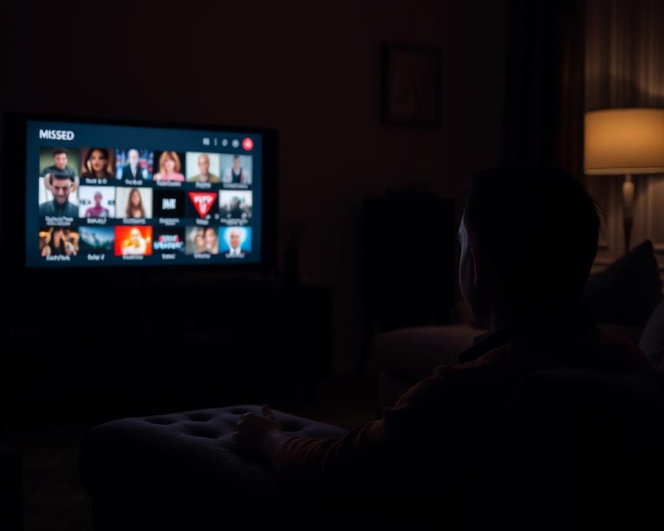 A dimly lit living room, the soft glow of a television screen casting shadows across the cozy space. On the screen, a selection of media content is displayed, representing a diverse range of "missed" or catch-up programming. The viewer, seated comfortably on a plush sofa, is absorbed in the content, their face illuminated by the flickering light. The scene evokes a sense of nostalgia and the ability to revisit past entertainment, capturing the essence of a "terugkijkfunctie" or catch-up service. A dimly lit living room, the soft glow of a television screen casting shadows across the cozy space. On the screen, a selection of media content is displayed, representing a diverse range of "missed" or catch-up programming. The viewer, seated comfortably on a plush sofa, is absorbed in the content, their face illuminated by the flickering light. The scene evokes a sense of nostalgia and the ability to revisit past entertainment, capturing the essence of a "terugkijkfunctie" or catch-up service.