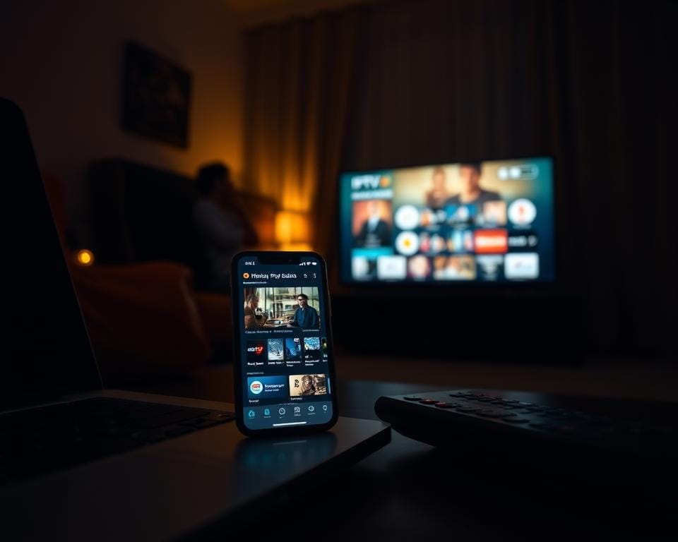 A dimly lit room with a laptop computer, remote control, and a smartphone displaying a user interface for an IPTV service. The foreground features the laptop and remote, highlighting the setup process. The middle ground showcases the smartphone screen, showing the IPTV interface with various channels and menu options. The background subtly depicts a cozy, home-like environment, setting the scene for a comfortable viewing experience. The lighting is warm and inviting, creating an atmosphere of relaxation and entertainment. The overall composition emphasizes the ease of installation and the intuitive nature of the IPTV system. A dimly lit room with a laptop computer, remote control, and a smartphone displaying a user interface for an IPTV service. The foreground features the laptop and remote, highlighting the setup process. The middle ground showcases the smartphone screen, showing the IPTV interface with various channels and menu options. The background subtly depicts a cozy, home-like environment, setting the scene for a comfortable viewing experience. The lighting is warm and inviting, creating an atmosphere of relaxation and entertainment. The overall composition emphasizes the ease of installation and the intuitive nature of the IPTV system.