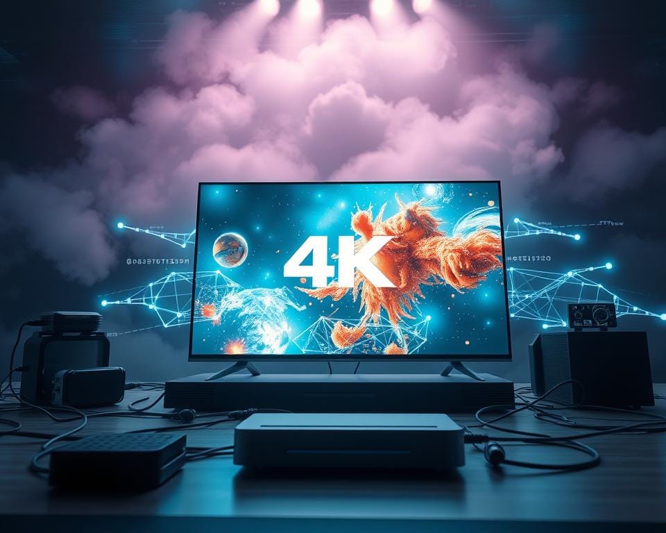 A futuristic, cinematic scene of a revolutionary television experience delivered via the internet. In the foreground, a sleek, modern 4K smart TV commands attention, its display illuminated with vibrant, lifelike imagery. Surrounding it, a dynamic arrangement of devices and cables symbolize the interconnected nature of 4K IPTV technology. In the middle ground, a pulsing network of digital signals and data streams convey the seamless integration of this revolutionary system. The background is filled with a hazy, ethereal glow, suggesting the boundless possibilities of this transformative television experience. Dramatic lighting and camera angles heighten the sense of awe and wonder, capturing the essence of this innovative, 4K IPTV revolution. A futuristic, cinematic scene of a revolutionary television experience delivered via the internet. In the foreground, a sleek, modern 4K smart TV commands attention, its display illuminated with vibrant, lifelike imagery. Surrounding it, a dynamic arrangement of devices and cables symbolize the interconnected nature of 4K IPTV technology. In the middle ground, a pulsing network of digital signals and data streams convey the seamless integration of this revolutionary system. The background is filled with a hazy, ethereal glow, suggesting the boundless possibilities of this transformative television experience. Dramatic lighting and camera angles heighten the sense of awe and wonder, capturing the essence of this innovative, 4K IPTV revolution.
