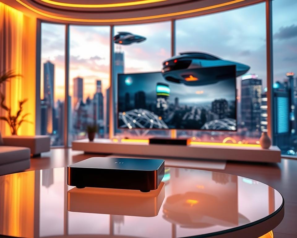 A futuristic living room interior, bathed in a warm, ambient glow. In the foreground, a sleek, minimalist IPTV set-top box rests on a floating glass table, its display showing a crisp, high-definition image. In the middle ground, a curved, seamless OLED television panel emerges from the wall, its edges blending seamlessly into the space. The background features floor-to-ceiling windows overlooking a vibrant, technologically-advanced city skyline, with towering skyscrapers and hovering autonomous vehicles. The overall scene exudes a sense of elegance, innovation, and the promise of a immersive, connected viewing experience. A futuristic living room interior, bathed in a warm, ambient glow. In the foreground, a sleek, minimalist IPTV set-top box rests on a floating glass table, its display showing a crisp, high-definition image. In the middle ground, a curved, seamless OLED television panel emerges from the wall, its edges blending seamlessly into the space. The background features floor-to-ceiling windows overlooking a vibrant, technologically-advanced city skyline, with towering skyscrapers and hovering autonomous vehicles. The overall scene exudes a sense of elegance, innovation, and the promise of a immersive, connected viewing experience.