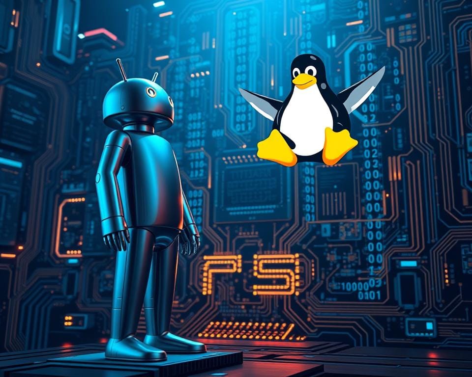 A futuristic scene depicting the contrast between Android and Linux operating systems. In the foreground, a sleek, metallic android figure stands tall, its eyes glowing with artificial intelligence. In the middle ground, a Linux penguin icon hovers, its wings spread in a symbol of open-source power. The background showcases a complex array of binary code, digital circuits, and futuristic technology, illuminated by a cool, blue-tinted lighting. The overall atmosphere conveys the technological prowess and the ongoing evolution of these two distinct operating systems, poised to shape the future of IPTV boxes. A futuristic scene depicting the contrast between Android and Linux operating systems. In the foreground, a sleek, metallic android figure stands tall, its eyes glowing with artificial intelligence. In the middle ground, a Linux penguin icon hovers, its wings spread in a symbol of open-source power. The background showcases a complex array of binary code, digital circuits, and futuristic technology, illuminated by a cool, blue-tinted lighting. The overall atmosphere conveys the technological prowess and the ongoing evolution of these two distinct operating systems, poised to shape the future of IPTV boxes.