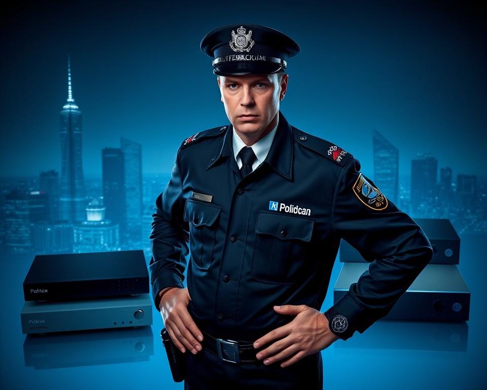 A high-angle shot of a stern-looking Dutch police officer in a crisp uniform, standing in front of a city skyline, hands on their hips. The officer's expression conveys a sense of authority and vigilance. In the background, a series of IPTV boxes and devices are displayed, hinting at the illegal activity being monitored. The scene is bathed in a cool, gray-blue lighting, creating a serious, official atmosphere. The composition emphasizes the power dynamic between the law enforcement official and the illicit technology, reflecting the enforcement aspect of the "IPTV illegaal boete" topic. A high-angle shot of a stern-looking Dutch police officer in a crisp uniform, standing in front of a city skyline, hands on their hips. The officer's expression conveys a sense of authority and vigilance. In the background, a series of IPTV boxes and devices are displayed, hinting at the illegal activity being monitored. The scene is bathed in a cool, gray-blue lighting, creating a serious, official atmosphere. The composition emphasizes the power dynamic between the law enforcement official and the illicit technology, reflecting the enforcement aspect of the "IPTV illegaal boete" topic.