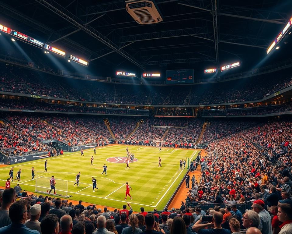 A high-energy sports arena filled with enthusiastic spectators watching a thrilling live match. In the foreground, professional athletes display their skills and dexterity on a meticulously maintained playing field, bathed in warm, dramatic lighting. The middle ground captures the intensity of the crowd, their faces alight with excitement as they cheer on their favorite teams. The background reveals the grand scale of the venue, with towering stands and a dynamic architectural design that adds to the sense of exclusivity and premium entertainment. An atmosphere of adrenaline, competition, and unparalleled sports content permeates the scene. A high-energy sports arena filled with enthusiastic spectators watching a thrilling live match. In the foreground, professional athletes display their skills and dexterity on a meticulously maintained playing field, bathed in warm, dramatic lighting. The middle ground captures the intensity of the crowd, their faces alight with excitement as they cheer on their favorite teams. The background reveals the grand scale of the venue, with towering stands and a dynamic architectural design that adds to the sense of exclusivity and premium entertainment. An atmosphere of adrenaline, competition, and unparalleled sports content permeates the scene.