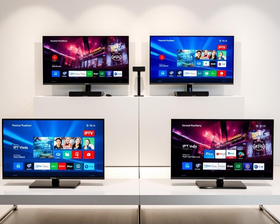 A high-quality, detailed comparison of various IPTV service options available in the Dutch market, showcased in a clean, modern layout. The scene features a sleek, minimalist table arrangement with multiple television sets displaying different IPTV platform interfaces side-by-side, allowing for a direct visual comparison. The displays are well-lit, with soft, directional lighting accentuating the screen details and creating a sense of depth. The background is a simple, neutral-toned studio setting, keeping the focus on the television screens and the overall comparison. The composition is balanced and visually appealing, inviting the viewer to closely examine the differences between the IPTV services presented. A high-quality, detailed comparison of various IPTV service options available in the Dutch market, showcased in a clean, modern layout. The scene features a sleek, minimalist table arrangement with multiple television sets displaying different IPTV platform interfaces side-by-side, allowing for a direct visual comparison. The displays are well-lit, with soft, directional lighting accentuating the screen details and creating a sense of depth. The background is a simple, neutral-toned studio setting, keeping the focus on the television screens and the overall comparison. The composition is balanced and visually appealing, inviting the viewer to closely examine the differences between the IPTV services presented.