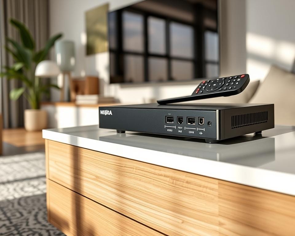 A high-quality, realistic image of the best Android IPTV receiver for Dutch users. Set in a contemporary living room with natural lighting, the device is prominently displayed on a sleek entertainment unit, surrounded by modern home decor. The receiver has a premium, minimalist design with clean lines and a matte black finish. Close-up details showcase its ports, buttons, and remote control. The composition emphasizes the receiver's sophisticated, tech-savvy aesthetic, conveying its suitability for a discerning Dutch audience seeking a reliable IPTV solution for their home entertainment needs. A high-quality, realistic image of the best Android IPTV receiver for Dutch users. Set in a contemporary living room with natural lighting, the device is prominently displayed on a sleek entertainment unit, surrounded by modern home decor. The receiver has a premium, minimalist design with clean lines and a matte black finish. Close-up details showcase its ports, buttons, and remote control. The composition emphasizes the receiver's sophisticated, tech-savvy aesthetic, conveying its suitability for a discerning Dutch audience seeking a reliable IPTV solution for their home entertainment needs.
