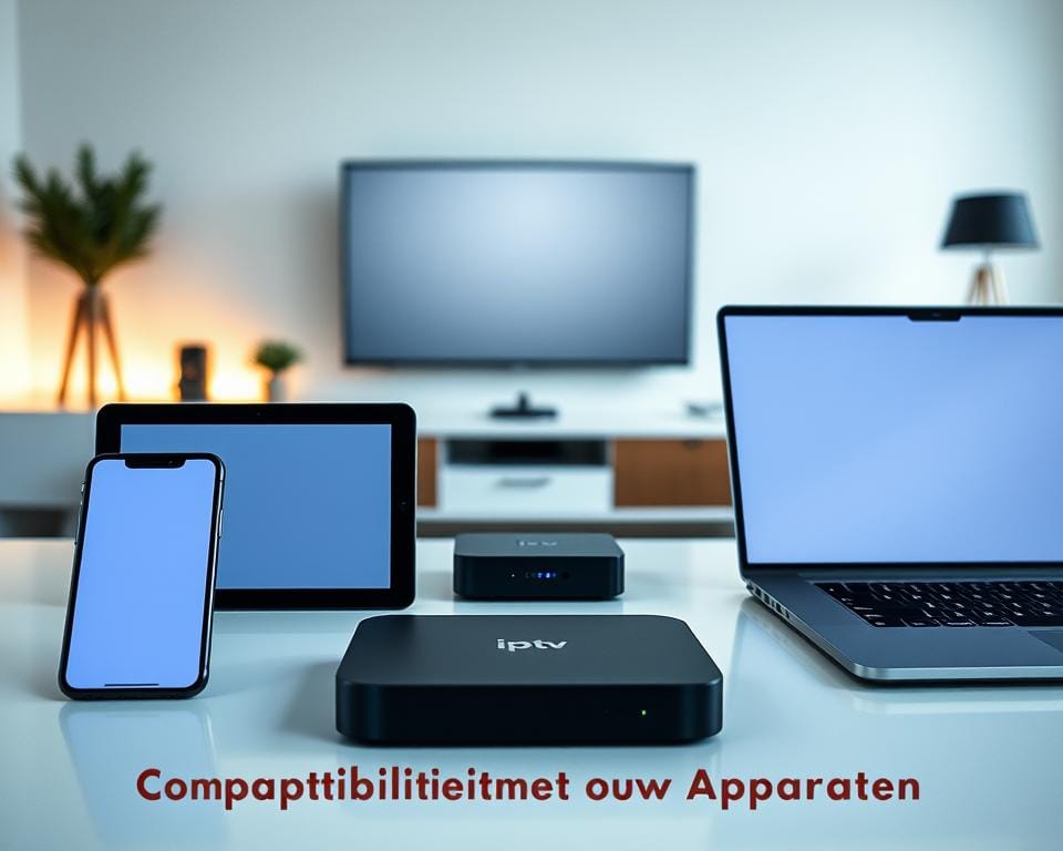 A high-tech workspace with various devices arranged neatly on a sleek, modern desk. In the foreground, a smartphone, tablet, and laptop are displayed, showcasing their compatibility with the IPTV service. The middle ground features a smart TV and streaming box, while the background depicts a minimalist home entertainment setup with ambient lighting. The scene conveys a sense of seamless connectivity and user-friendly technology, perfectly aligning with the "Compatibiliteit met Jouw Apparaten" section of the article. A high-tech workspace with various devices arranged neatly on a sleek, modern desk. In the foreground, a smartphone, tablet, and laptop are displayed, showcasing their compatibility with the IPTV service. The middle ground features a smart TV and streaming box, while the background depicts a minimalist home entertainment setup with ambient lighting. The scene conveys a sense of seamless connectivity and user-friendly technology, perfectly aligning with the "Compatibiliteit met Jouw Apparaten" section of the article.