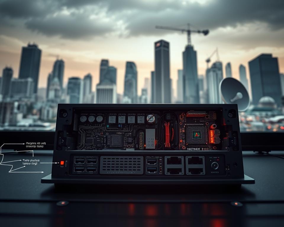 A highly detailed, technical illustration of the inner workings of an IPTV system. The foreground should display a schematic diagram showcasing the data flow and connectivity between various components like modems, routers, set-top boxes, and smart devices. The middle ground should depict a cross-section view of an IPTV set-top box, revealing its internal hardware architecture, processors, memory, and network interfaces. The background should feature a stylized, futuristic cityscape with skyscrapers and satellite dishes, conveying the internet-based infrastructure supporting IPTV technology. Use a muted color palette with metallic accents to create a sleek, high-tech aesthetic. Render the scene with a cinematic lighting setup, creating dramatic shadows and highlights to emphasize the technical complexity. Capture the image from a low-angle perspective to instill a sense of awe and sophistication. A highly detailed, technical illustration of the inner workings of an IPTV system. The foreground should display a schematic diagram showcasing the data flow and connectivity between various components like modems, routers, set-top boxes, and smart devices. The middle ground should depict a cross-section view of an IPTV set-top box, revealing its internal hardware architecture, processors, memory, and network interfaces. The background should feature a stylized, futuristic cityscape with skyscrapers and satellite dishes, conveying the internet-based infrastructure supporting IPTV technology. Use a muted color palette with metallic accents to create a sleek, high-tech aesthetic. Render the scene with a cinematic lighting setup, creating dramatic shadows and highlights to emphasize the technical complexity. Capture the image from a low-angle perspective to instill a sense of awe and sophistication.