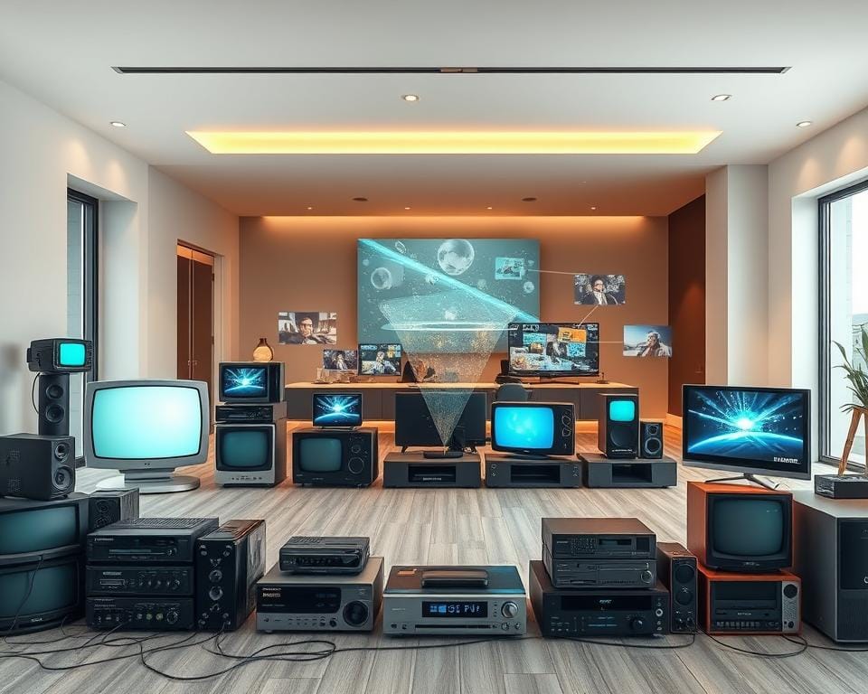 A historical timeline depicting the evolution of IPTV technology, showcased against a backdrop of a sleek, modern living room setting. In the foreground, an array of vintage television sets and cable boxes from different eras, arranged in a dynamic, collage-like display. The middle ground features holographic projections and interactive touchscreens, illustrating the progression from traditional cable to the current state-of-the-art IPTV systems. The background presents a minimalist, well-lit interior with large windows, highlighting the seamless integration of IPTV into the modern home environment. Soft, warm lighting, and a sense of technological progression and innovation permeate the scene. A historical timeline depicting the evolution of IPTV technology, showcased against a backdrop of a sleek, modern living room setting. In the foreground, an array of vintage television sets and cable boxes from different eras, arranged in a dynamic, collage-like display. The middle ground features holographic projections and interactive touchscreens, illustrating the progression from traditional cable to the current state-of-the-art IPTV systems. The background presents a minimalist, well-lit interior with large windows, highlighting the seamless integration of IPTV into the modern home environment. Soft, warm lighting, and a sense of technological progression and innovation permeate the scene.