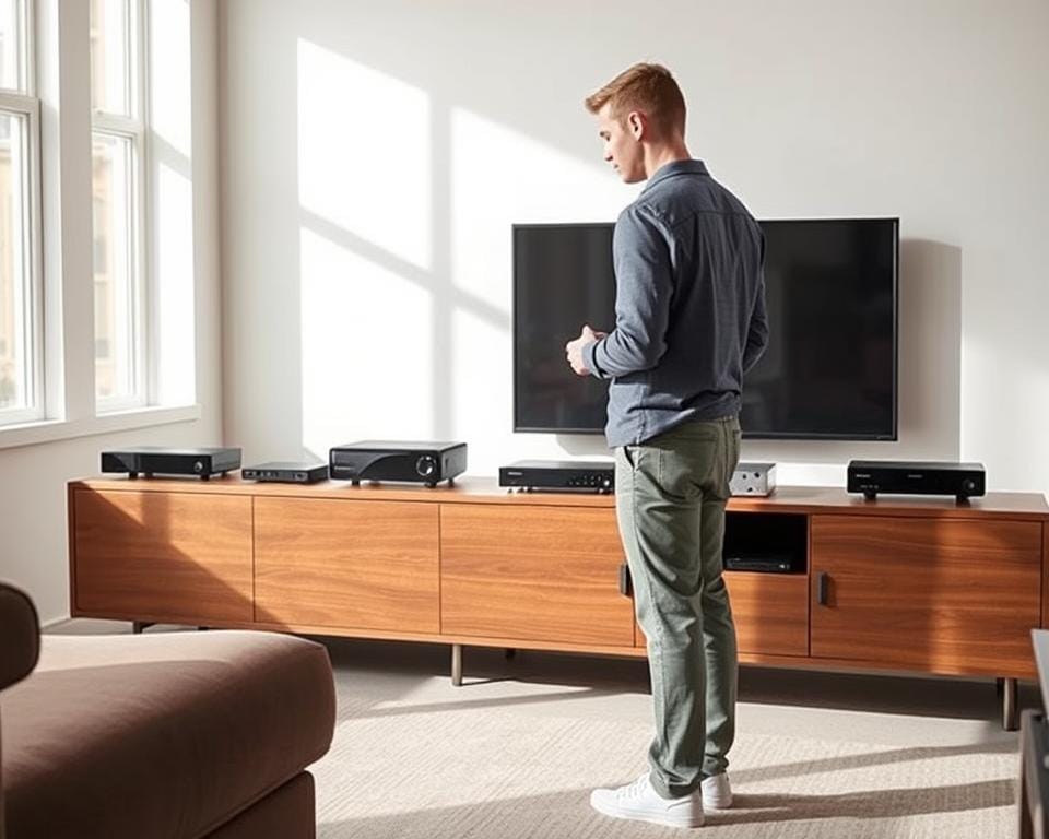 A minimalist and modern living room setting, well-lit by natural light from large windows. On a sleek wooden media cabinet, an array of IPTV receivers in various shapes and sizes are showcased, each with distinct features and capabilities. A person, dressed in casual attire, carefully examines and compares the receivers, contemplating the best option for their home entertainment setup. The room's neutral color palette and clean lines create a serene and inviting atmosphere, highlighting the decision-making process of selecting the perfect IPTV receiver. A minimalist and modern living room setting, well-lit by natural light from large windows. On a sleek wooden media cabinet, an array of IPTV receivers in various shapes and sizes are showcased, each with distinct features and capabilities. A person, dressed in casual attire, carefully examines and compares the receivers, contemplating the best option for their home entertainment setup. The room's neutral color palette and clean lines create a serene and inviting atmosphere, highlighting the decision-making process of selecting the perfect IPTV receiver.