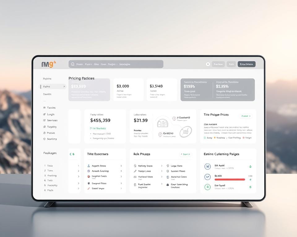 A minimalist and visually-striking overview of pricing packages, presented on a sleek, modern dashboard interface. The foreground features neatly-arranged tiles displaying various subscription tiers, pricing, and service details, rendered in a clean, typographic style with a subtle color palette. The middle ground showcases elegant data visualizations and infographics highlighting key package features, conveying information at a glance. The background is a softly-blurred, technologically-inspired landscape, evoking a sense of digital efficiency and professionalism. Balanced lighting casts a subtle glow, creating depth and dimension. The overall mood is one of clarity, organization, and premium quality. A minimalist and visually-striking overview of pricing packages, presented on a sleek, modern dashboard interface. The foreground features neatly-arranged tiles displaying various subscription tiers, pricing, and service details, rendered in a clean, typographic style with a subtle color palette. The middle ground showcases elegant data visualizations and infographics highlighting key package features, conveying information at a glance. The background is a softly-blurred, technologically-inspired landscape, evoking a sense of digital efficiency and professionalism. Balanced lighting casts a subtle glow, creating depth and dimension. The overall mood is one of clarity, organization, and premium quality.