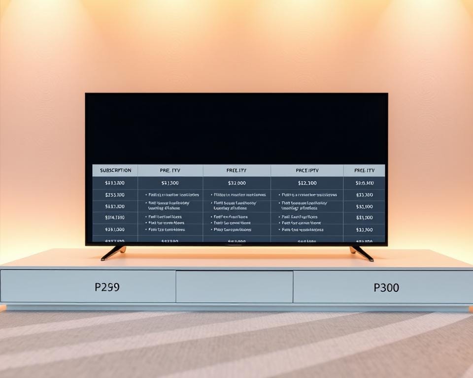 A minimalist, modern table display showcasing a variety of IPTV subscription options and pricing tiers. The foreground features clean, geometric shapes in a neutral color palette, with price points and plan details neatly arranged. The middle ground has a subtle pattern or texture, adding depth and visual interest. The background is softly blurred, allowing the subscription details to be the focal point. Warm, diffused lighting casts a premium, high-end ambiance, accentuating the sleek, sophisticated design. The overall composition conveys a sense of professionalism, clarity, and accessibility, inviting the viewer to easily understand the IPTV service's pricing structure. A minimalist, modern table display showcasing a variety of IPTV subscription options and pricing tiers. The foreground features clean, geometric shapes in a neutral color palette, with price points and plan details neatly arranged. The middle ground has a subtle pattern or texture, adding depth and visual interest. The background is softly blurred, allowing the subscription details to be the focal point. Warm, diffused lighting casts a premium, high-end ambiance, accentuating the sleek, sophisticated design. The overall composition conveys a sense of professionalism, clarity, and accessibility, inviting the viewer to easily understand the IPTV service's pricing structure.
