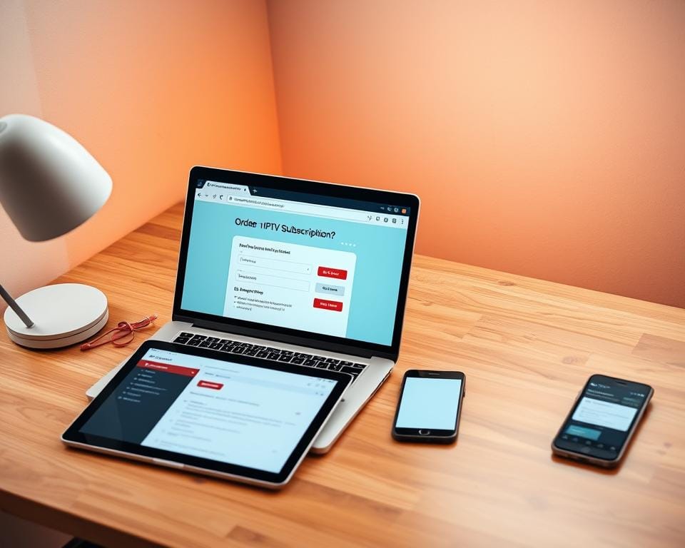 A modern and minimalist desktop setup featuring a laptop, tablet, and smartphone arranged neatly on a wooden desk. The laptop displays an open web browser window with a step-by-step guide on ordering an IPTV subscription. The tablet shows an IPTV service provider's website, while the smartphone displays a mobile app interface for managing the subscription. The scene is bathed in warm, diffused lighting, creating a cozy and productive atmosphere. The composition emphasizes the seamless workflow of the bestelproces televisieabonnement process.