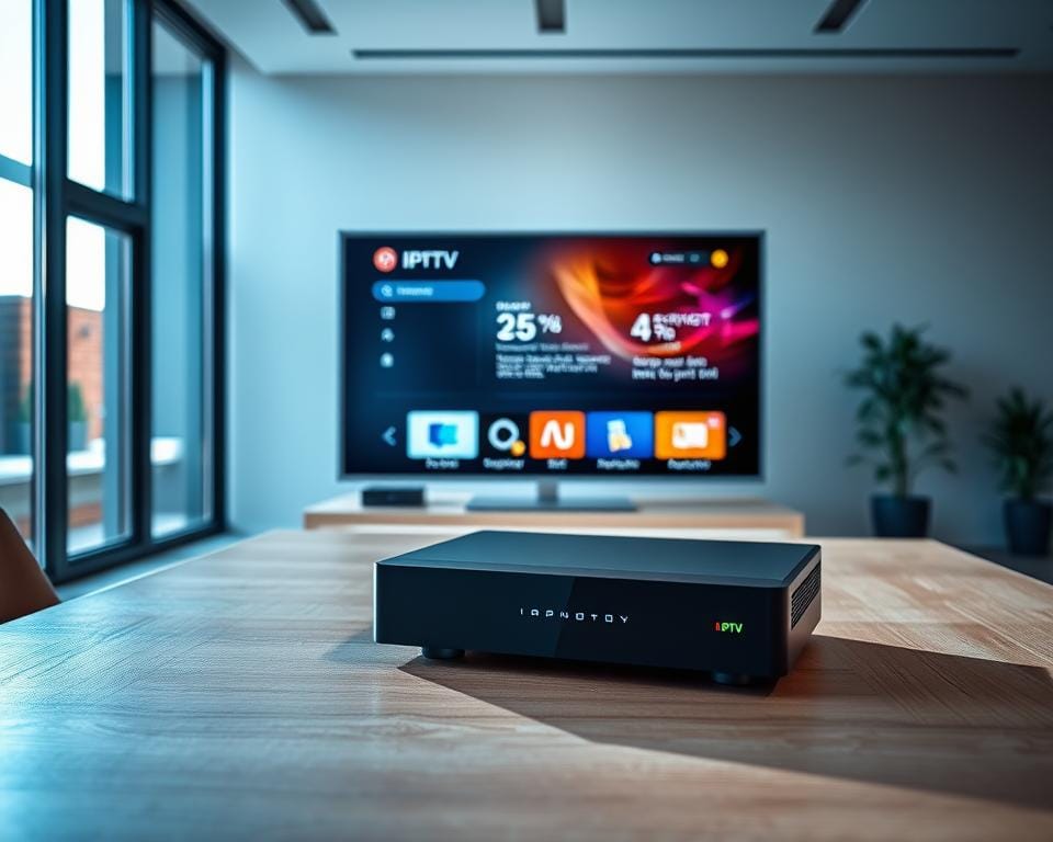 A modern and minimalist office space, well-lit with natural sunlight streaming through large windows. In the foreground, a sleek IPTV set-top box sits atop a minimalist wooden desk, its clean lines and LED indicators showcasing the latest IPTV technology. In the middle ground, a high-resolution display screen displays vivid graphics and information related to IPTV setup and configuration, with clean UI elements and intuitive controls. The background features a simple, uncluttered wall with a subtle pattern, creating a serene and professional atmosphere. The overall scene conveys a sense of technological sophistication and user-friendly design, perfectly illustrating the "Technische vereisten voor IPTV" section of the article. A modern and minimalist office space, well-lit with natural sunlight streaming through large windows. In the foreground, a sleek IPTV set-top box sits atop a minimalist wooden desk, its clean lines and LED indicators showcasing the latest IPTV technology. In the middle ground, a high-resolution display screen displays vivid graphics and information related to IPTV setup and configuration, with clean UI elements and intuitive controls. The background features a simple, uncluttered wall with a subtle pattern, creating a serene and professional atmosphere. The overall scene conveys a sense of technological sophistication and user-friendly design, perfectly illustrating the "Technische vereisten voor IPTV" section of the article.