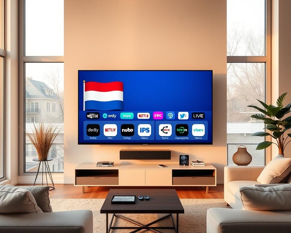 A modern and stylish digital living room setting, with a large flatscreen TV mounted on the wall. The TV screen displays a selection of popular IPTV app logos, including a Dutch flag in the background to represent the Netherlands. The room is bathed in warm, natural lighting from large windows, creating a cozy and inviting atmosphere. The furniture and decor have a minimalist, Scandinavian design aesthetic. A variety of smart devices, such as a tablet or smartphone, are visible, suggesting the integrated nature of these IPTV apps in contemporary home entertainment systems. The overall composition conveys the accessibility and integration of popular IPTV services for Dutch users. A modern and stylish digital living room setting, with a large flatscreen TV mounted on the wall. The TV screen displays a selection of popular IPTV app logos, including a Dutch flag in the background to represent the Netherlands. The room is bathed in warm, natural lighting from large windows, creating a cozy and inviting atmosphere. The furniture and decor have a minimalist, Scandinavian design aesthetic. A variety of smart devices, such as a tablet or smartphone, are visible, suggesting the integrated nature of these IPTV apps in contemporary home entertainment systems. The overall composition conveys the accessibility and integration of popular IPTV services for Dutch users.