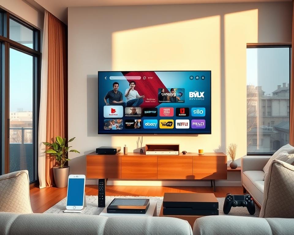 A modern apartment interior with a large TV mounted on the wall, displaying a selection of various streaming devices connected to it, including a smartphone, tablet, and gaming console. The scene is bathed in warm, natural lighting from large windows, creating a cozy and inviting atmosphere. The TV and devices are arranged in a visually pleasing layout, showcasing the flexibility and convenience of IPTV technology. The overall composition emphasizes the seamless integration of digital entertainment into the home environment, highlighting the key benefits of IPTV, such as accessibility, versatility, and the freedom to enjoy content on multiple devices. A modern apartment interior with a large TV mounted on the wall, displaying a selection of various streaming devices connected to it, including a smartphone, tablet, and gaming console. The scene is bathed in warm, natural lighting from large windows, creating a cozy and inviting atmosphere. The TV and devices are arranged in a visually pleasing layout, showcasing the flexibility and convenience of IPTV technology. The overall composition emphasizes the seamless integration of digital entertainment into the home environment, highlighting the key benefits of IPTV, such as accessibility, versatility, and the freedom to enjoy content on multiple devices.