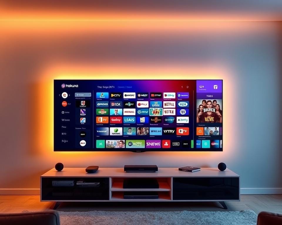 A modern, elegant TV entertainment center with a wide selection of live channels and on-demand content from Hakuna IPTV. The sleek, minimalist design features a large, high-definition display showcasing vibrant, crisp visuals. The interface is intuitive and user-friendly, with easy navigation through the expansive channel lineup. Warm lighting casts a welcoming glow, creating a cozy, cinema-like atmosphere for an immersive viewing experience. In the background, a subtle pattern evokes a sense of technology and innovation. The overall scene conveys the reliable, high-quality service and content diversity that Hakuna IPTV offers. A modern, elegant TV entertainment center with a wide selection of live channels and on-demand content from Hakuna IPTV. The sleek, minimalist design features a large, high-definition display showcasing vibrant, crisp visuals. The interface is intuitive and user-friendly, with easy navigation through the expansive channel lineup. Warm lighting casts a welcoming glow, creating a cozy, cinema-like atmosphere for an immersive viewing experience. In the background, a subtle pattern evokes a sense of technology and innovation. The overall scene conveys the reliable, high-quality service and content diversity that Hakuna IPTV offers.