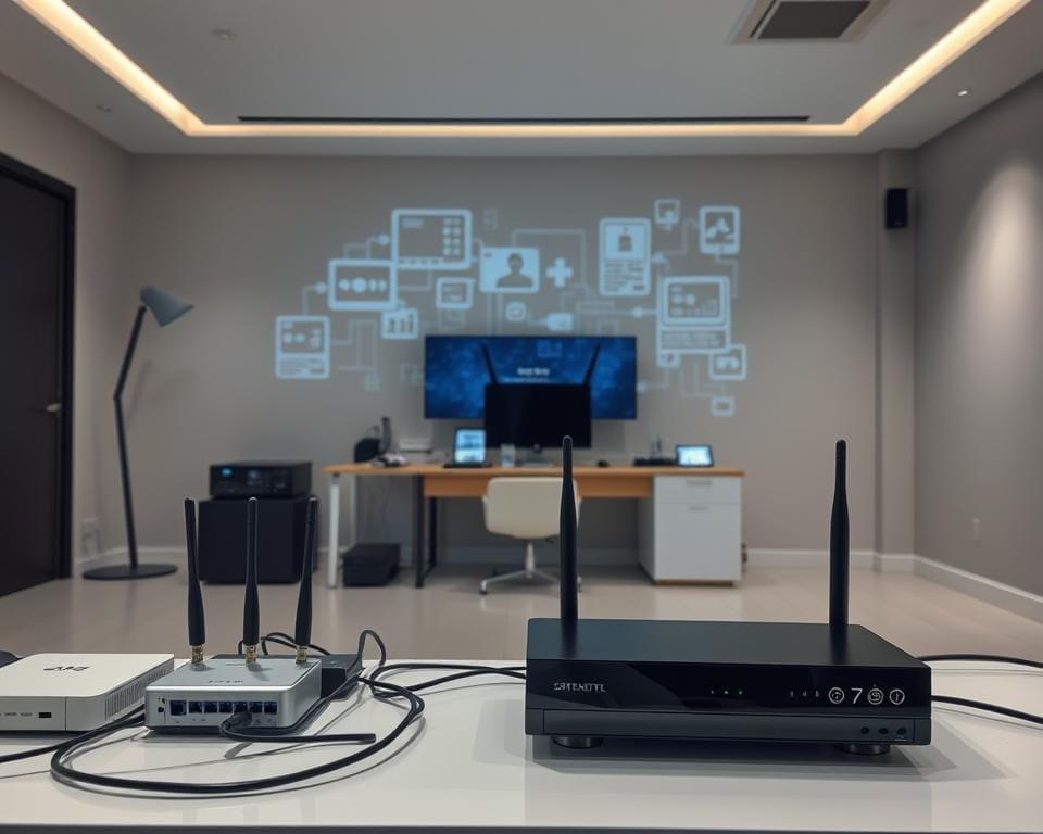 A modern, high-tech interior with sleek electronic devices and cables. In the foreground, a smart TV or streaming device prominently displayed, surrounded by various network routers, modems, and other connectivity equipment. In the middle ground, a minimalist desk or workstation with a laptop, tablet, and other internet-enabled gadgets. The background features a neutral-toned wall with subtle technical diagrams or schematics projected onto it, providing context for the technical requirements of internet television. Soft, directional lighting illuminates the scene, creating an atmosphere of technological sophistication and reliability. A modern, high-tech interior with sleek electronic devices and cables. In the foreground, a smart TV or streaming device prominently displayed, surrounded by various network routers, modems, and other connectivity equipment. In the middle ground, a minimalist desk or workstation with a laptop, tablet, and other internet-enabled gadgets. The background features a neutral-toned wall with subtle technical diagrams or schematics projected onto it, providing context for the technical requirements of internet television. Soft, directional lighting illuminates the scene, creating an atmosphere of technological sophistication and reliability.