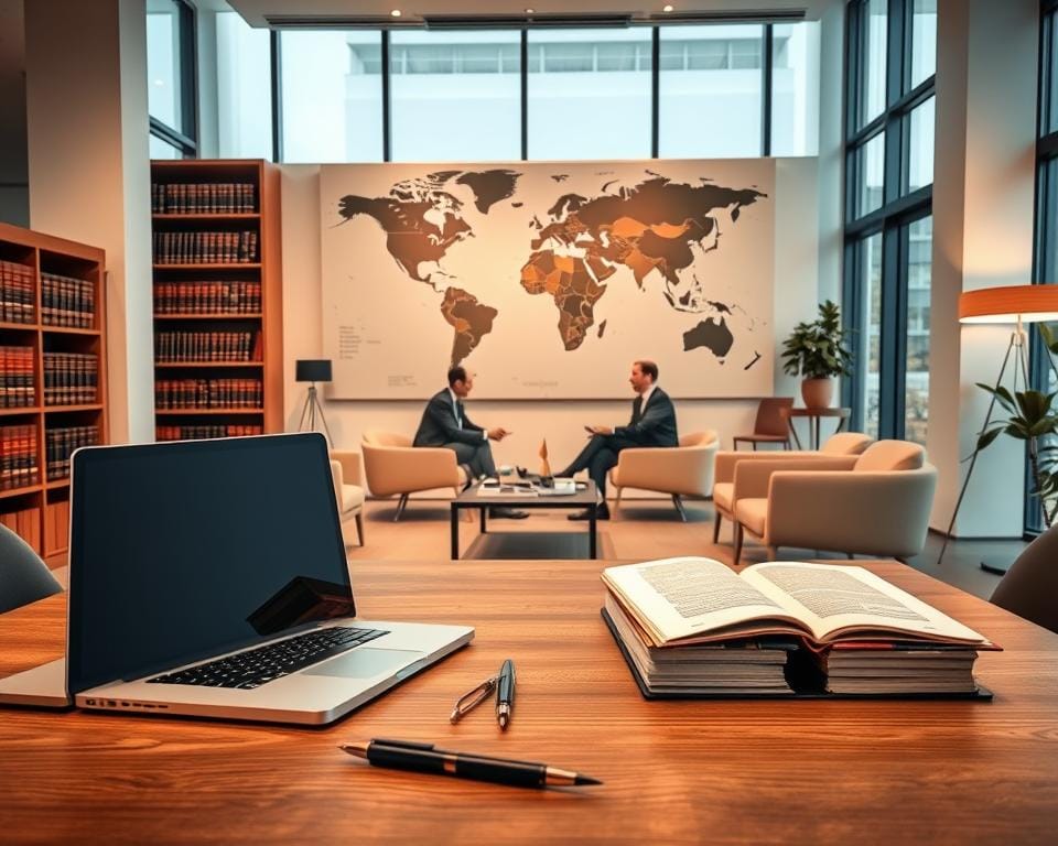 A modern law office interior with large windows, sleek furniture, and a professional atmosphere. In the foreground, a wooden desk with a laptop, pen, and law books. In the middle ground, two people in business attire sitting across from each other, engaged in a serious discussion. The background features shelves of legal volumes and a large world map on the wall, conveying the international legal context. The lighting is warm and inviting, creating a sense of authority and expertise. The overall composition suggests the complex legal aspects of IPTV within the Netherlands. A modern law office interior with large windows, sleek furniture, and a professional atmosphere. In the foreground, a wooden desk with a laptop, pen, and law books. In the middle ground, two people in business attire sitting across from each other, engaged in a serious discussion. The background features shelves of legal volumes and a large world map on the wall, conveying the international legal context. The lighting is warm and inviting, creating a sense of authority and expertise. The overall composition suggests the complex legal aspects of IPTV within the Netherlands.