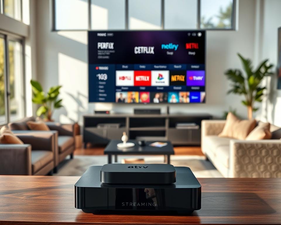 A modern living room filled with comfortable seating and a large, high-definition television screen displaying various streaming service icons and logos. The room is brightly lit by natural sunlight filtering through large windows, creating a warm and inviting atmosphere. In the foreground, a sleek and stylish media center houses a top-of-the-line streaming device, highlighting the convenience and accessibility of the streaming services. The overall scene conveys the advantages of a streaming service, such as on-demand content, a wide selection of shows and movies, and the ability to enjoy entertainment from the comfort of one's own home. A modern living room filled with comfortable seating and a large, high-definition television screen displaying various streaming service icons and logos. The room is brightly lit by natural sunlight filtering through large windows, creating a warm and inviting atmosphere. In the foreground, a sleek and stylish media center houses a top-of-the-line streaming device, highlighting the convenience and accessibility of the streaming services. The overall scene conveys the advantages of a streaming service, such as on-demand content, a wide selection of shows and movies, and the ability to enjoy entertainment from the comfort of one's own home.