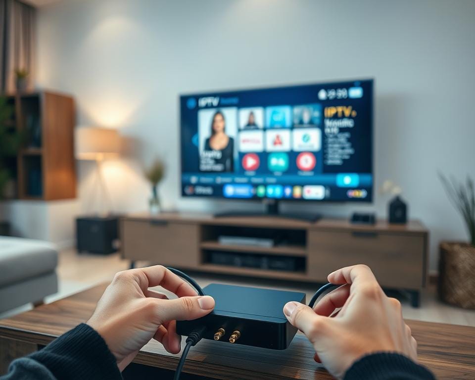 A modern living room setup with a sleek TV stand showcasing an IPTV device. The foreground features a person's hands carefully connecting the IPTV box to the TV using high-quality cables. The middle ground shows the person navigating through the intuitive IPTV interface on the TV screen, demonstrating the installation process. The background depicts a cozy, well-lit environment with minimalist decor, creating a sense of ease and simplicity for the IPTV setup. The lighting is soft and diffused, highlighting the focus on the installation process. The overall mood conveys a seamless and user-friendly IPTV installation experience. A modern living room setup with a sleek TV stand showcasing an IPTV device. The foreground features a person's hands carefully connecting the IPTV box to the TV using high-quality cables. The middle ground shows the person navigating through the intuitive IPTV interface on the TV screen, demonstrating the installation process. The background depicts a cozy, well-lit environment with minimalist decor, creating a sense of ease and simplicity for the IPTV setup. The lighting is soft and diffused, highlighting the focus on the installation process. The overall mood conveys a seamless and user-friendly IPTV installation experience.
