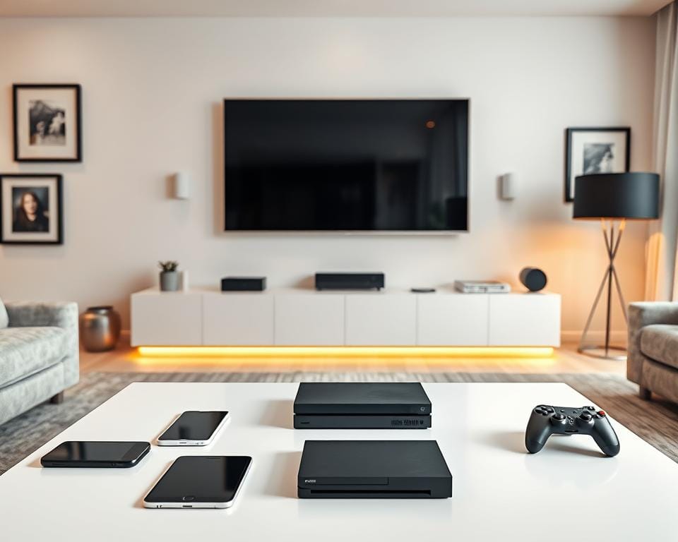 A modern living room with a large, sleek television set mounted on the wall. In the foreground, various devices such as smartphones, tablets, and a game console are placed on a minimalist coffee table, suggesting seamless multi-device connectivity. The room is bathed in warm, ambient lighting, creating a cozy and inviting atmosphere. The walls are adorned with minimalist art pieces, and the overall design is characterized by clean lines and a neutral color palette, emphasizing the technological focus of the scene. The arrangement of the devices and the television conveys a sense of integrated, harmonious connectivity, reflecting the "Multi-device Ondersteuning en Gelijktijdig Gebruik" theme. A modern living room with a large, sleek television set mounted on the wall. In the foreground, various devices such as smartphones, tablets, and a game console are placed on a minimalist coffee table, suggesting seamless multi-device connectivity. The room is bathed in warm, ambient lighting, creating a cozy and inviting atmosphere. The walls are adorned with minimalist art pieces, and the overall design is characterized by clean lines and a neutral color palette, emphasizing the technological focus of the scene. The arrangement of the devices and the television conveys a sense of integrated, harmonious connectivity, reflecting the "Multi-device Ondersteuning en Gelijktijdig Gebruik" theme.